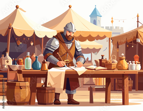Medieval Scribe at Market with Tents Writing on Paper in Beige and Brown Palette Cartoon Illustration with Castle Background