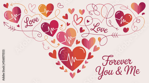 Vector art of love hearts with heartbeat isolated on white background