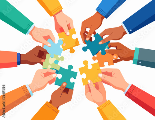 Multicultural Hands Connecting Puzzle Pieces Illustrating Teamwork Collaboration and Diverse Partnership on a White Background
