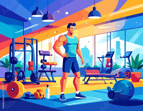 Muscular Man in Blue Tank Top Posing Confidently in Modern Gym with Weightlifting Equipment and Large Windows Overlooking City