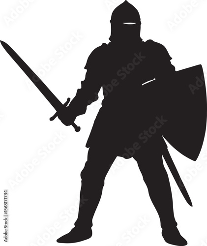 Medieval Knight Silhouette with Sword and Shield, Warrior Figure
