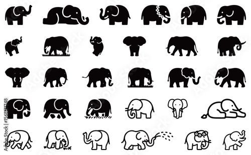 Elephant icons in various poses and styles