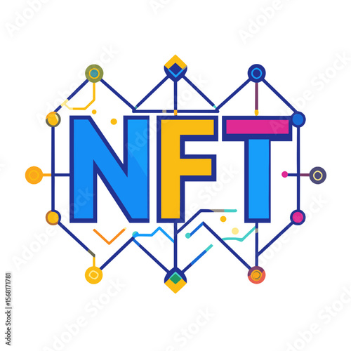 NFT Conceptual Art with Network of Connected Nodes in Blue Yellow and Pink Colors on a White Background