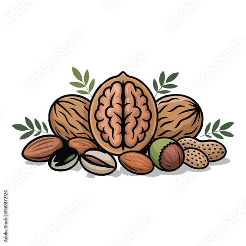 A variety of nuts including walnuts, almonds, pistachios, peanuts, and hazelnut with leaves isolated on white.
