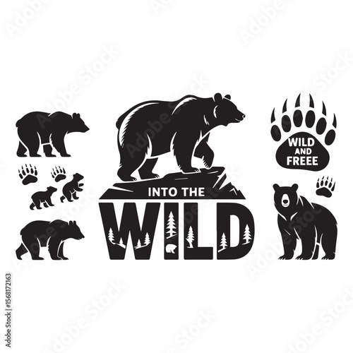 A collection of bear silhouettes, paw prints, and text on a white background.