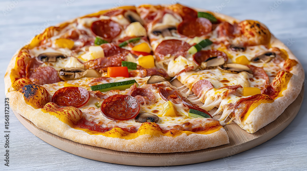 Cheesy pizza topped with assorted vegetables and pepperoni Cheesy pizza topped with assorted vegetables and pepperoni