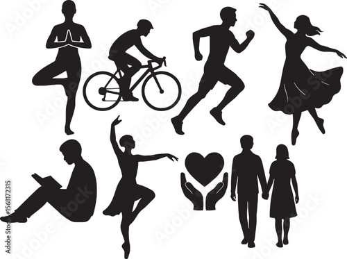 People in Motion Silhouettes: Cycling, Running, Social Interactions, and Leisure Activities