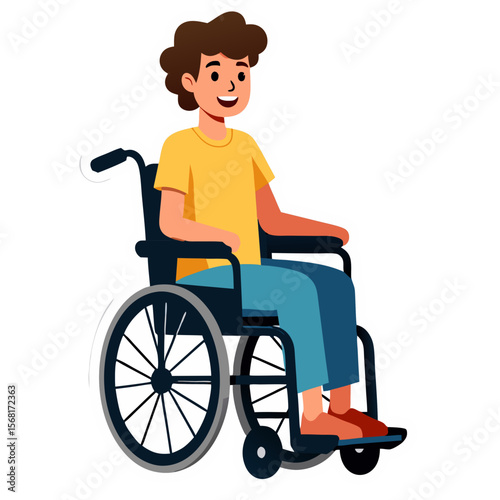 Smiling man with white hair in a dark blue wheelchair illustration.