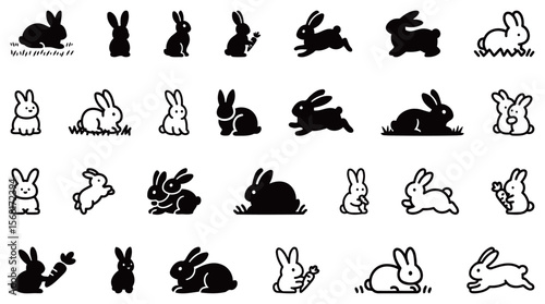 Rabbits in Various Poses and Actions black white illustrations