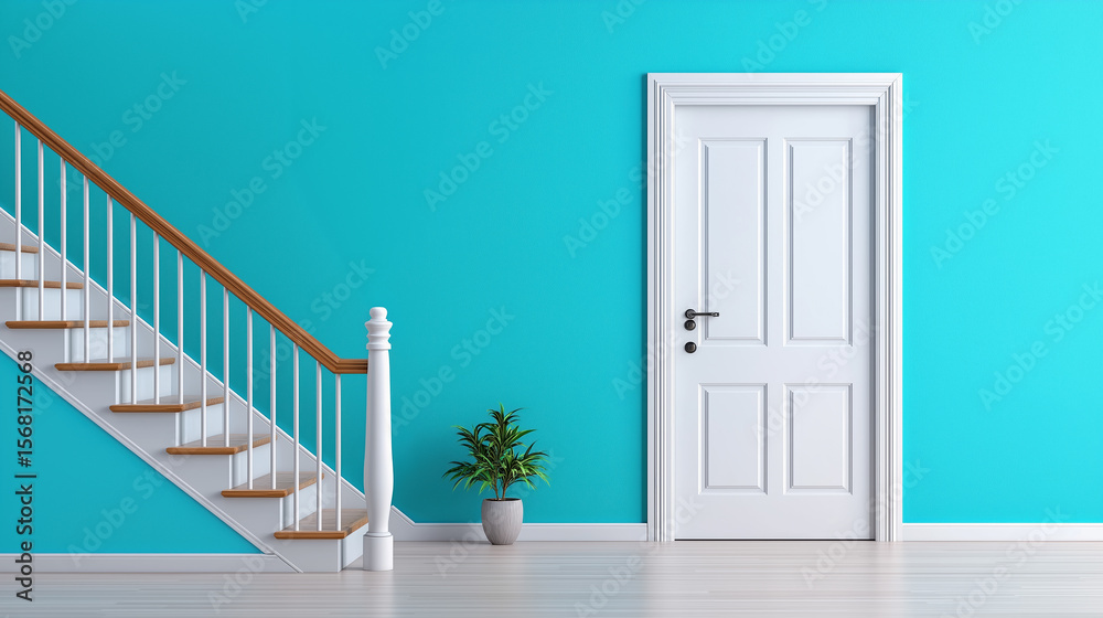 Fototapeta premium Bright blue wall with white door and staircase in modern interior