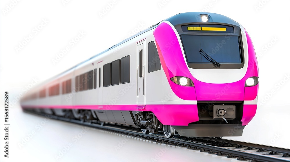 Fototapeta premium Modern passenger train, bright colors, three-quarter front, white seamless background, cheerful