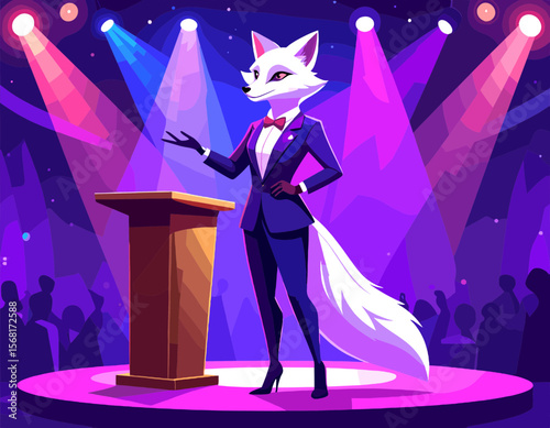 Pixel Art Anthropomorphic Fox Giving a Speech On Stage With Blue And Purple Lighting Wearing a Dark Blue Suit