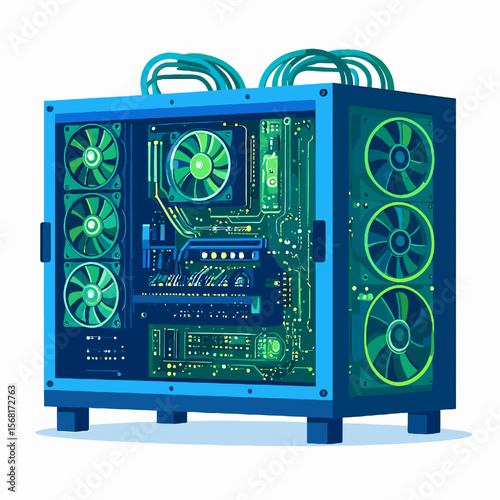 Pixel Art Computer Case with Green Cooling Fans and Blue Frame on White Background Electronic Components and Internal Hardware