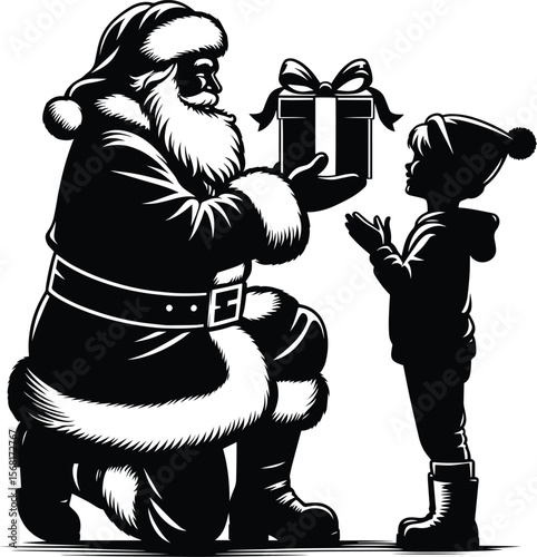 Santa claus giving a gift box to a kid silhouette Vector Illustration isolated on a white background