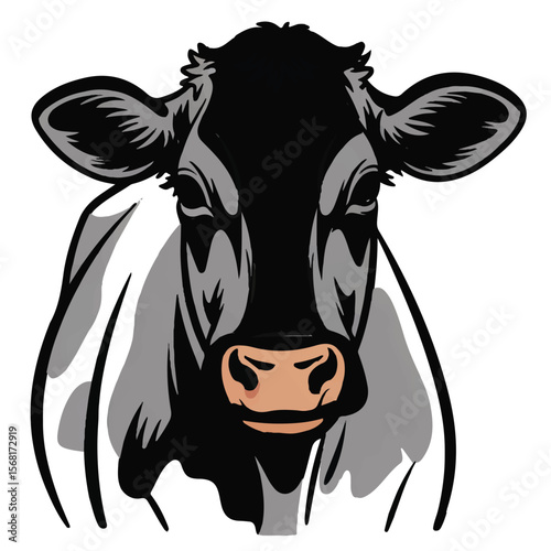Illustration of a black and white cow with a pink nose, isolated on a white background.