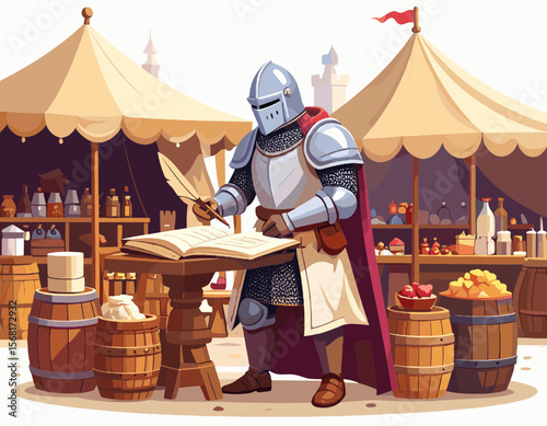 Pixel Art Knight in Shining Armor Writing at Market with Tents Barrels and Historical Medieval Setting with White Parchment and Feather Quill