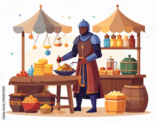 Pixel Art Medieval Market Scene with Dark Skinned Merchant in Armor Offering Food under Tents in a Rustic Setting