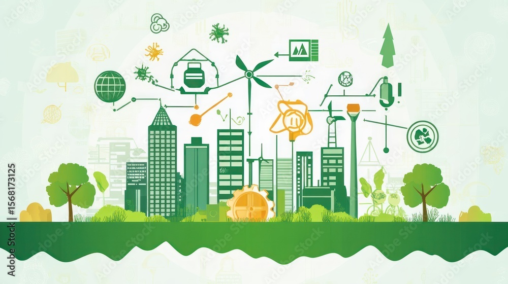 Fototapeta premium Sustainable Urban Ecosystem: A Visual Representation of Green Technologies and Smart City Concepts