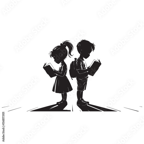 Silhouette of a boy and a girl standing back to back and reading books on a white background.