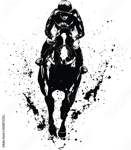 Dramatic Vector: Jockey and Horse Racing Silhouette, Ink Splatter Style