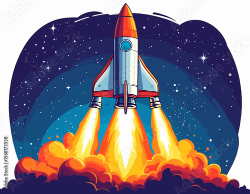 Pixel Art Rocket Launching Through Starry Sky with Fiery Blastoff for Future Space Exploration and Technological Innovation