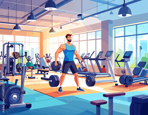 Pixel Art Style Gym Interior with Man Lifting Barbell Wearing Blue Tank Top and Black Shorts with Workout Equipment and Large Windows