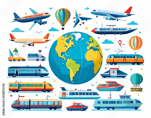 Pixelated Globe Surrounded by Various Transportation Vehicles in a Retro Design with Air Sea and Land Transport on White Background