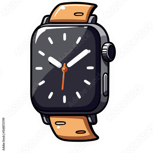 Cartoon Smartwatch with Tan Leather Strap and Orange Second Hand.
