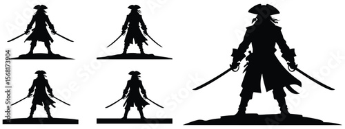 Silhouette illustration of a standing pirate holding two swords on a white background