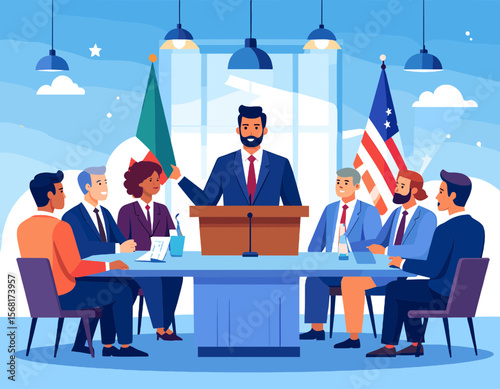 Political Discussion with American and Algerian Flags Blue Suits and Podium Set Against a Cloudy Sky Creating a Sense of International Relations