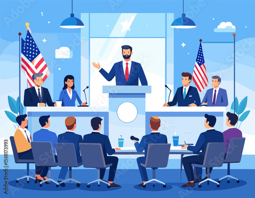 Political Illustration of American Leaders at Podium Giving Speech with Audience with Red White and Blue Colors with United States Flags at Governmental Event