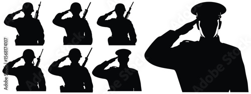 Silhouettes of saluting soldiers representing military service and respectful tribute