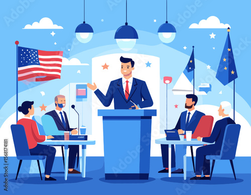 Political Leaders at Podium Giving Speech with American and Flags in a Blue Room with Clouds Illustration