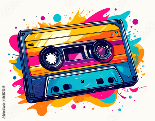 Retro Cassette Tape with Colorful Splatter Background Vintage Audio Media in Yellow Blue and Orange