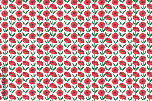Vector floral pattern featuring a repeating arrangement of stylized red poppy flowers on white