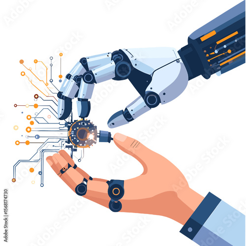 Robotic Arm Assembling Futuristic Circuitry with Orange and Blue Light in Digital Technology Environment