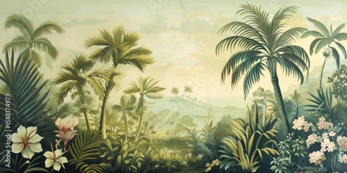 Wallpaper serene tropical landscape painting in pastel tones