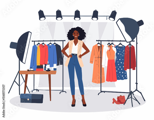 Smiling Woman Posing with Hands on Hips Between Clothing Racks in a Brightly Lit Fashion Studio with Spotlights