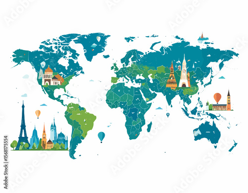 Stylized World Map with Famous Landmarks and Cities Against White Background Travel and Global Destinations Vector Illustration