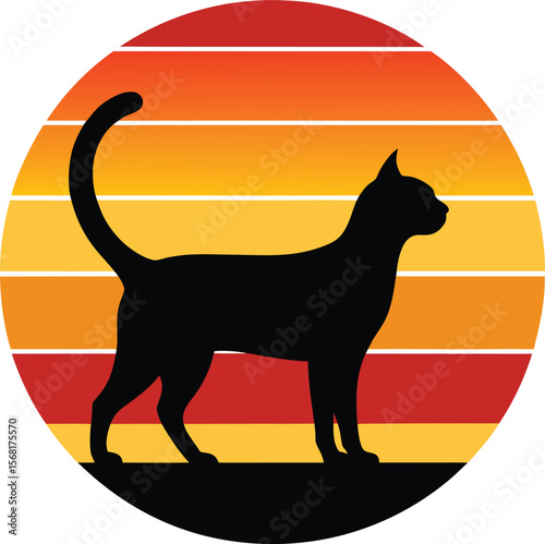 Black cat silhouette on retro vintage striped sunset