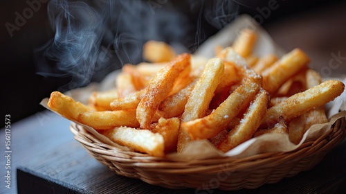 Crispy golden French fries steaming in a shallow wicker basket