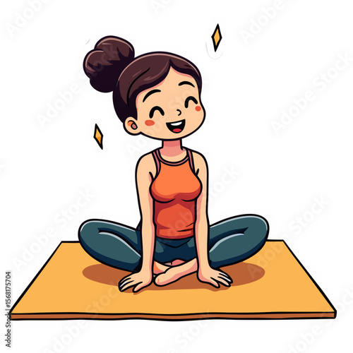 Joyful Cartoon Girl in Easy Yoga Pose on Mat.
