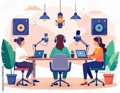 Three Women Recording a Podcast with Microphones Laptops and Headphones in a Studio Featuring Speakers and Potted Plants with Purple and White Background