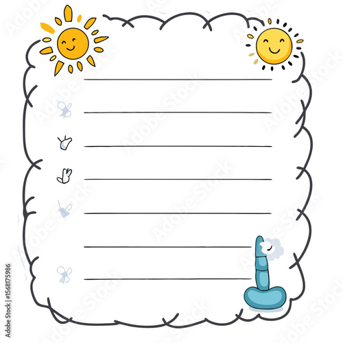 Playful Cartoon Notepad with Smiling Suns Flowers Butterflies and a Robot.
