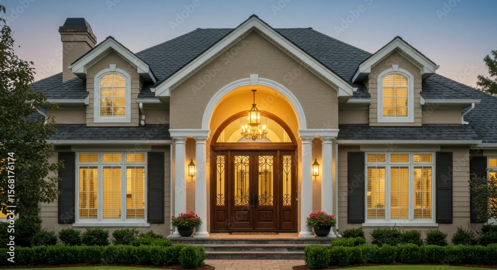 Obraz premium Elegant home with arched entryway, double doors, and warm lighting at dusk