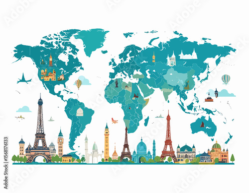 Turquoise Detailed World Map with Famous Buildings and Landmarks in Flat Design with Cultural and Geographical Elements for Travel Themes