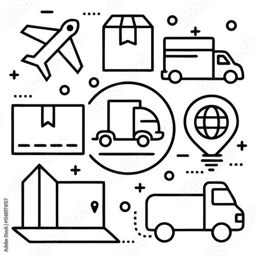 A vector set of furniture and transportation icons illustrating various vehicles and home furnishings
