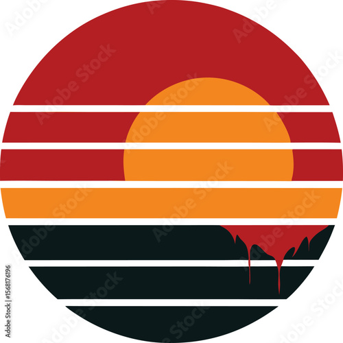 Blood moon silhouette on retro vintage striped sunset