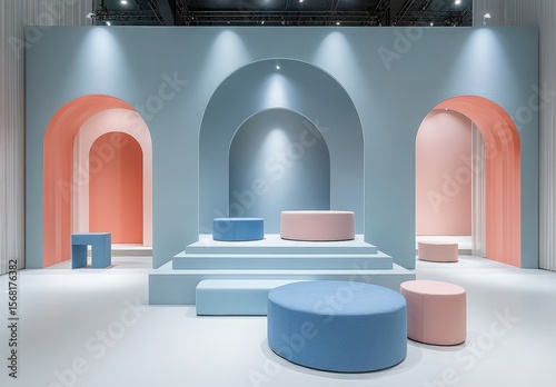 Modern Minimalist Set Design with Geometric Shapes and Soft Colors Featuring Arched Structures and Round Furniture