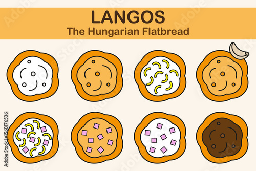 Hand-drawn food illustration of traditional Hungarian lángos flatbread with various toppings like cheese, ham, sour cream, garlic.
